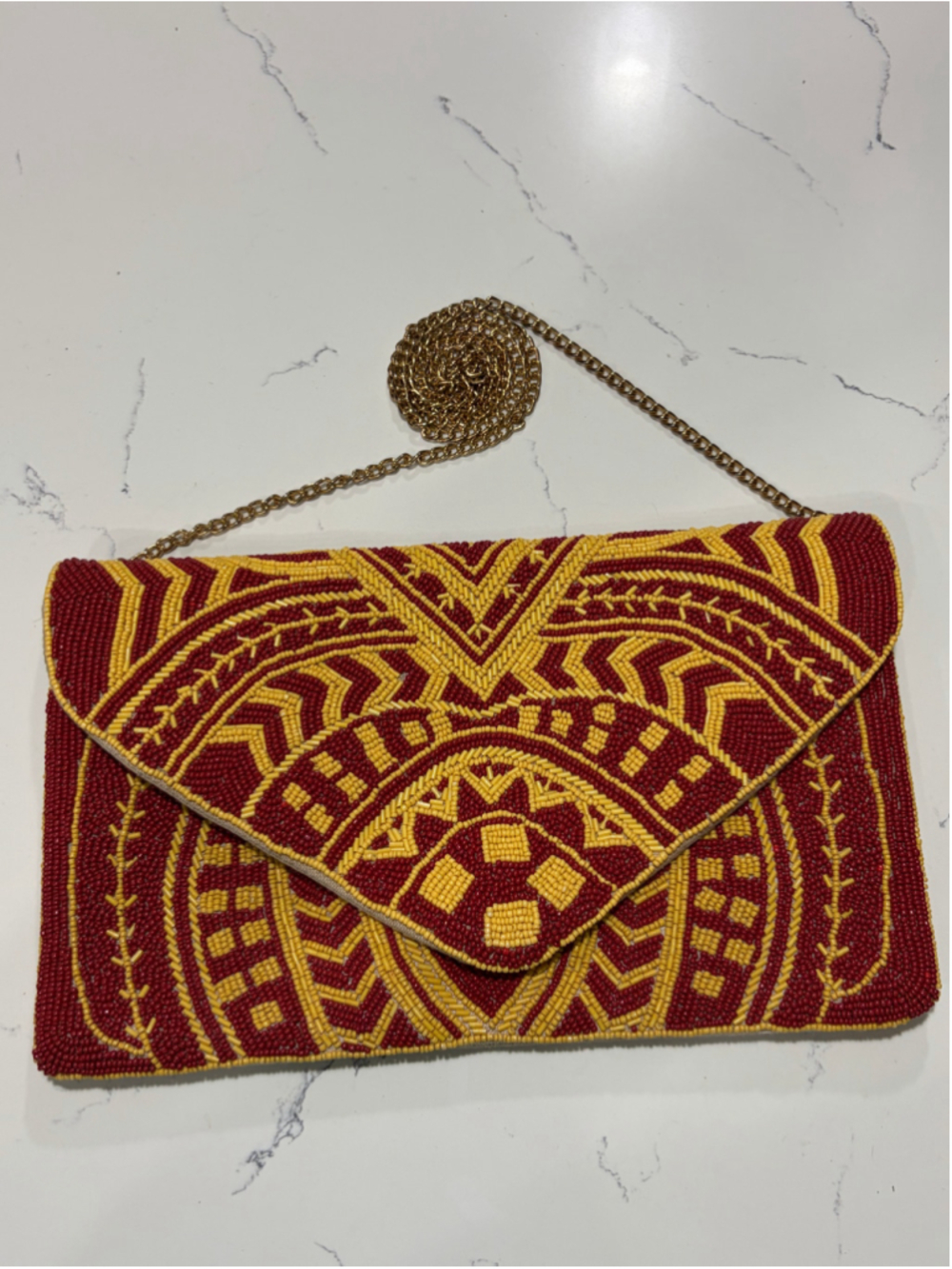 Red Gold Beaded Envelope Clutch Purse Chain Strap Boho Statement Evening Bag